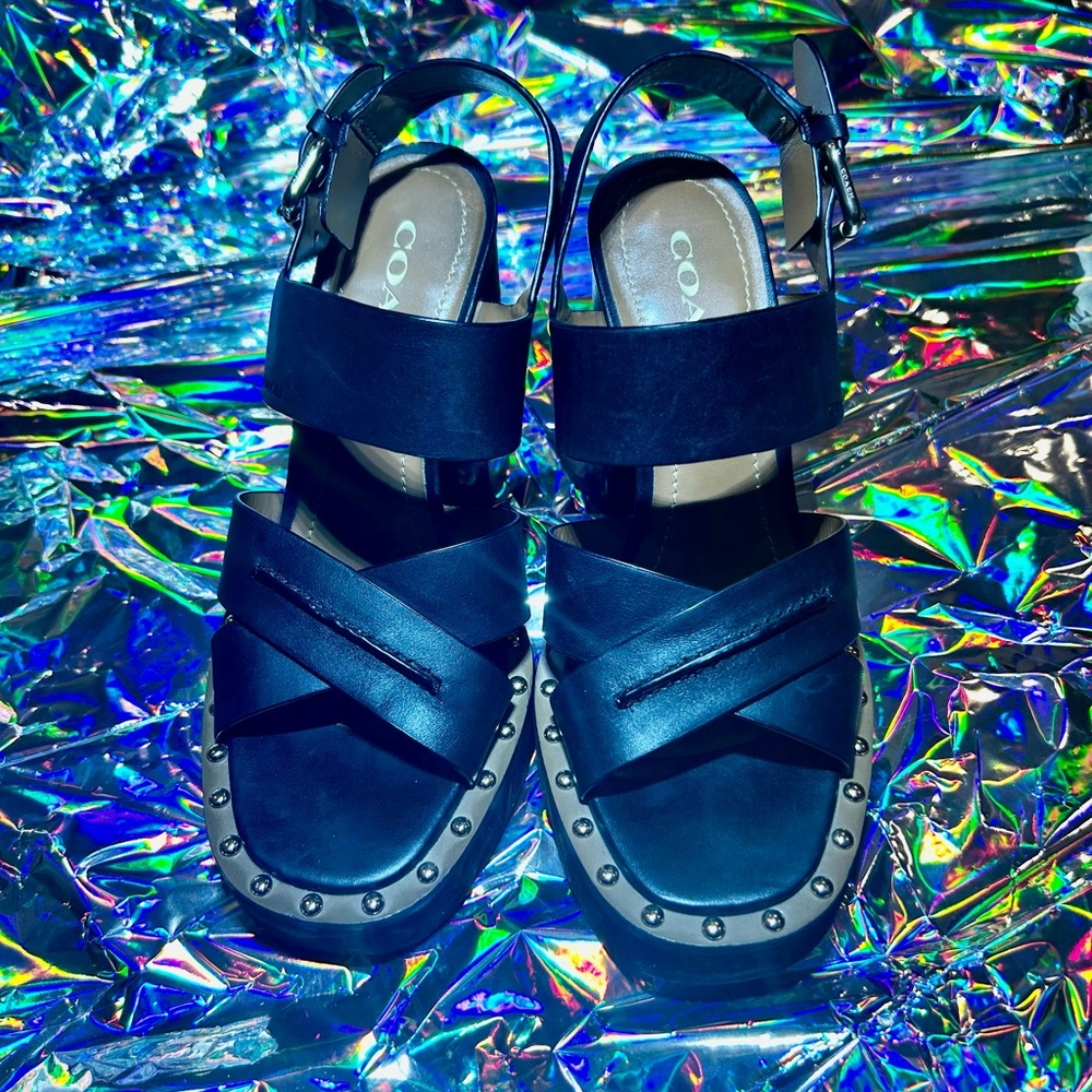 Coach Callie Black Leather Platform Sandals with Gold Studs, size 7.5